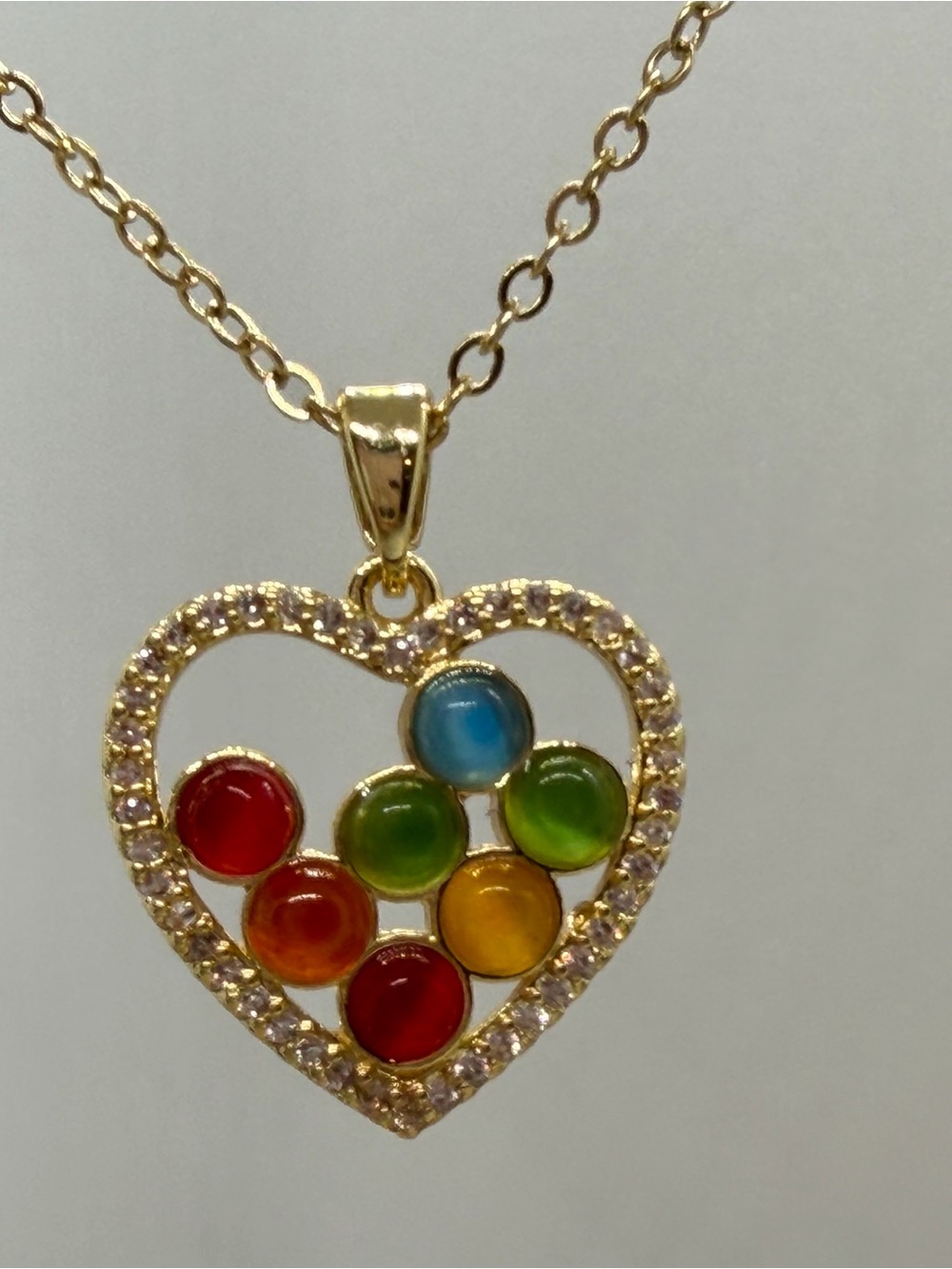 Gold Heart Pendant Necklace with Multicolor Cabochons - Women Jewelry